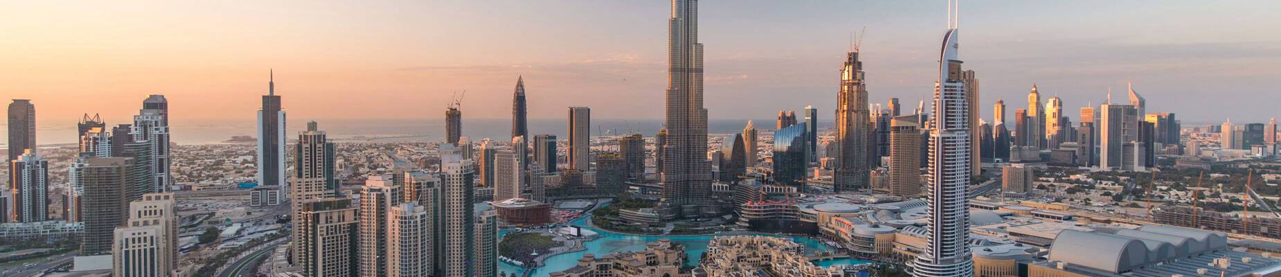 Panoramic image of Downtown Dubai at sunset