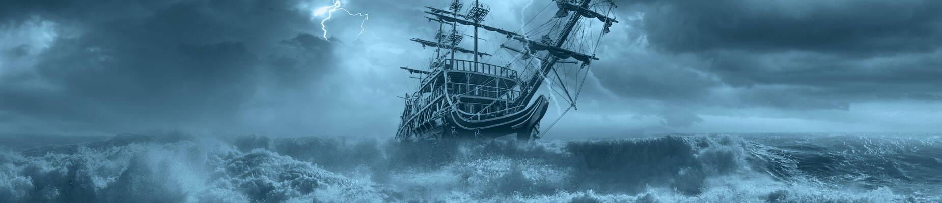 CGI rendered image of ghost ship at sea during a storm