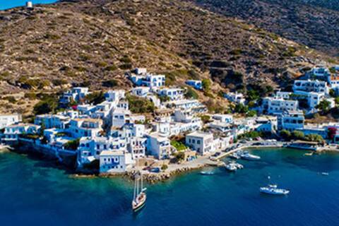 An aerial view of Katapola village on Amorgos Island