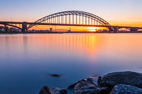 The sun setting over the three bridges of Nijmegen