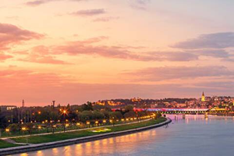 A panoramic view of Belgrade at dusk