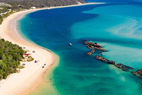 An aerial view of shipwrecks at Moreton Island