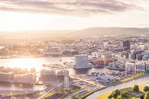 Aerial view of Oslo at sunset