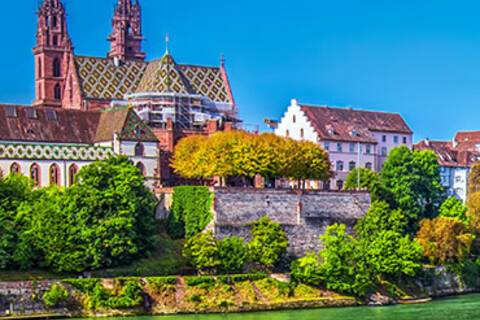 A panoramic view of Basel from the Rhine River