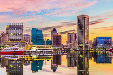 A panoramic view of Baltimore at sunset